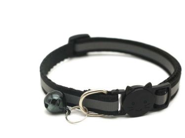 Reflective Dog Collar Pet Cat Puppy Nylon Collar with Bell Neck Adjustable (Color: Black)